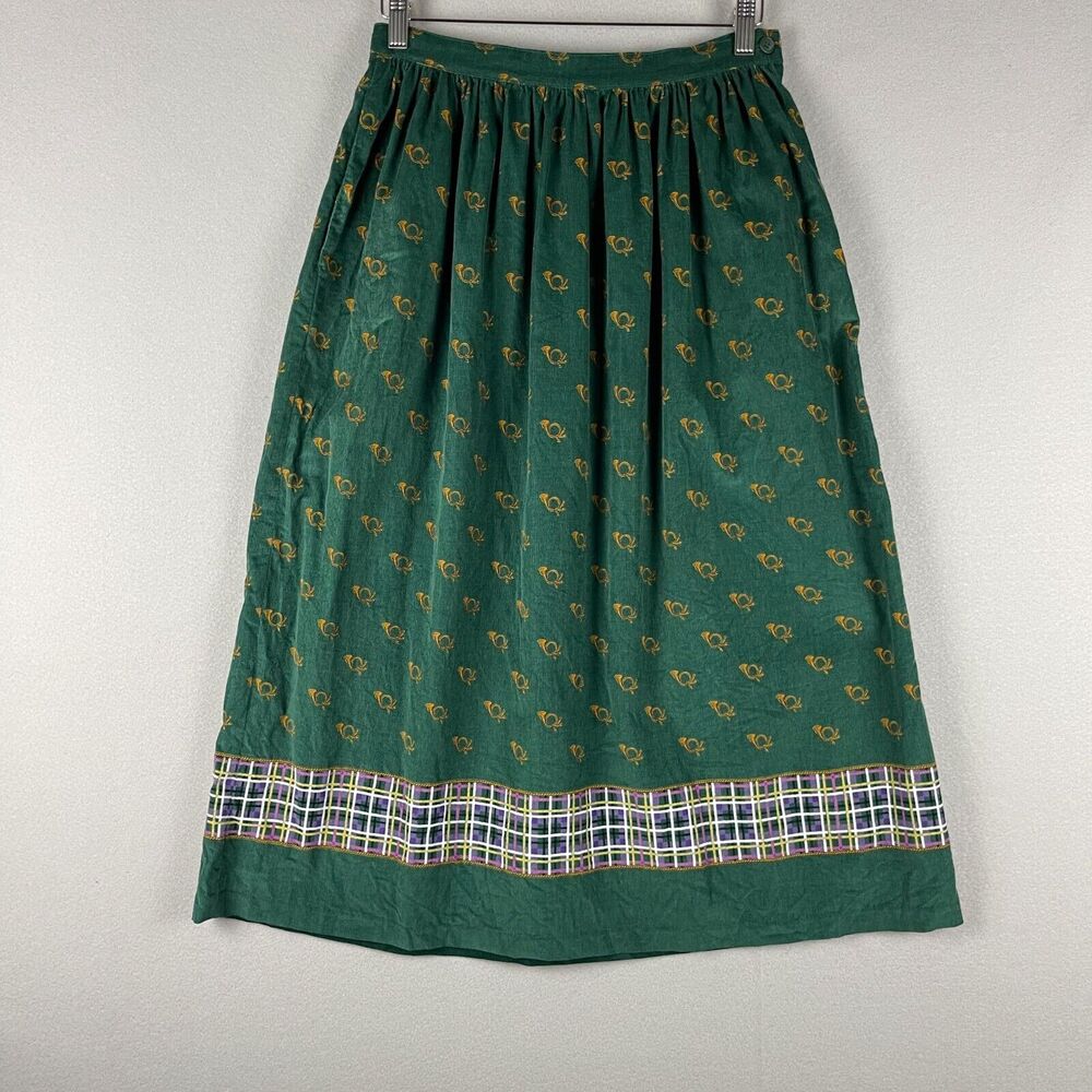 Vintage‎ Fenwick Corduroy Printed Pleated Midi Skirt Women 12 Green Pocket Japan